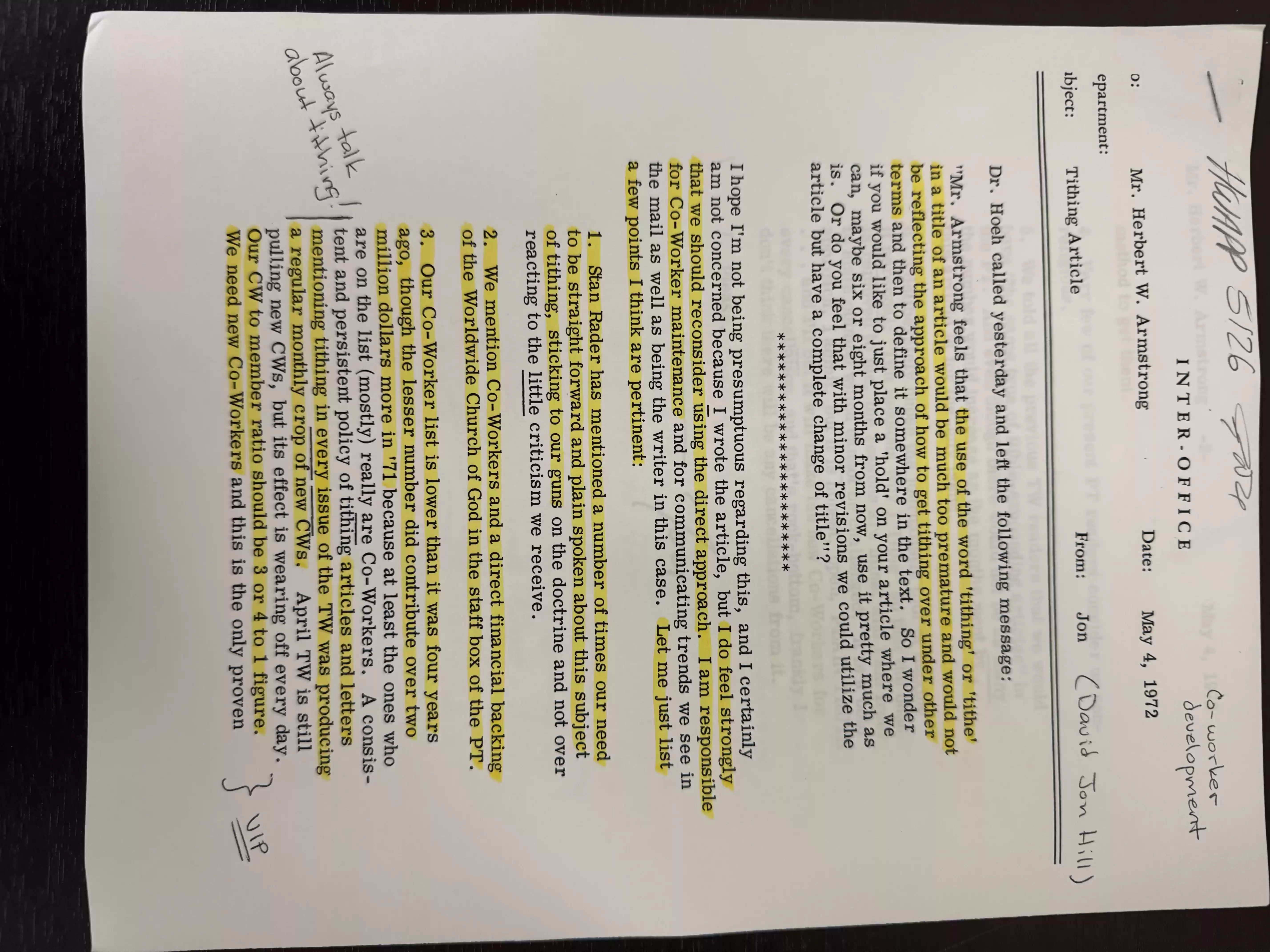 D Hill to HWA on tithing,4May1972